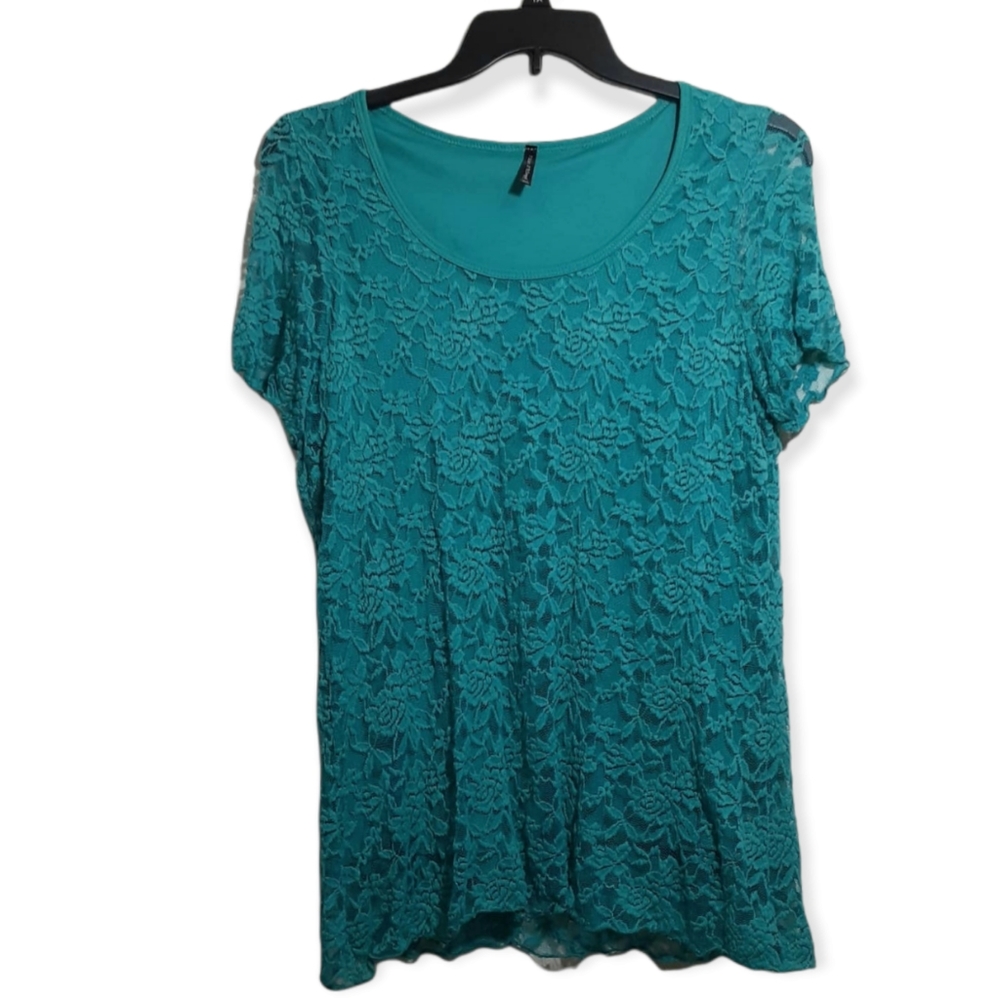 Bleeker & McDougal Womens Size 1X Turquoise Lace Overlay Top Blouse Short Sleeve